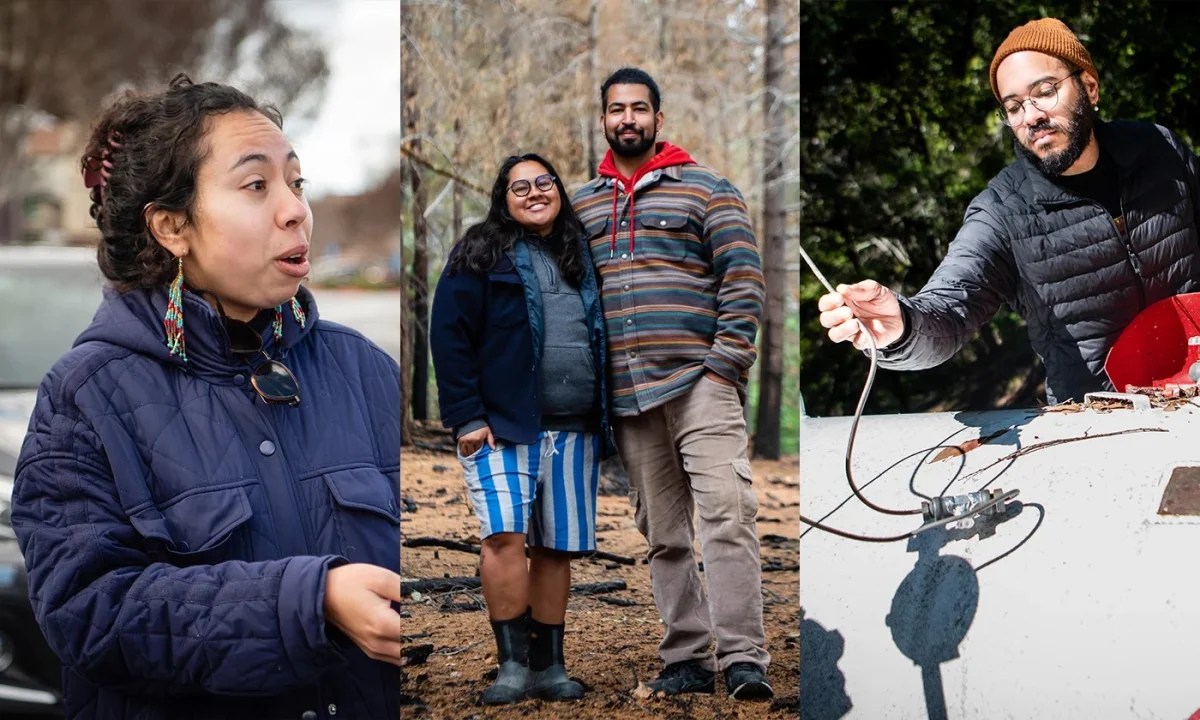 Miembros del Colectivo Shelterwood, una organización de defensores de la tierra y gestores culturales indígenas, negros y queer que administran 900 acres de bosque en el norte de California. Fotos por Brooke Anderson