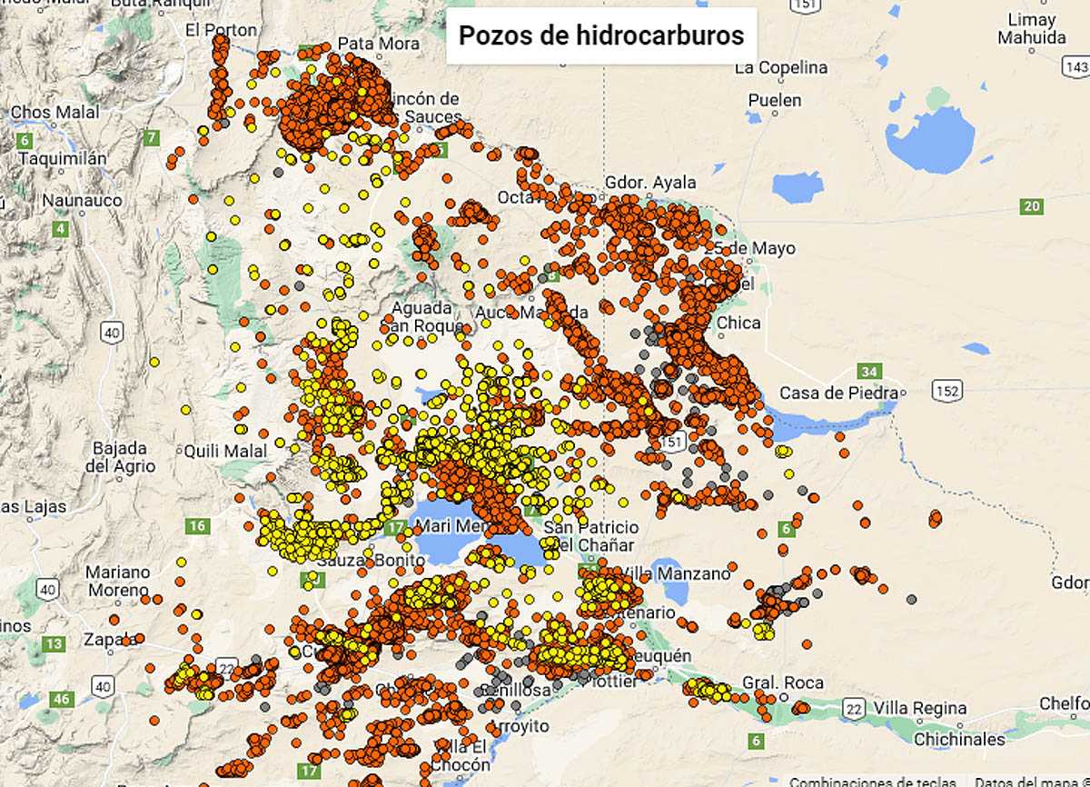 Mapa de pozos petroleros en la cuenca de Vaca Muerta, la Universidad del Comahue monitorea riesgos. Foto: captura