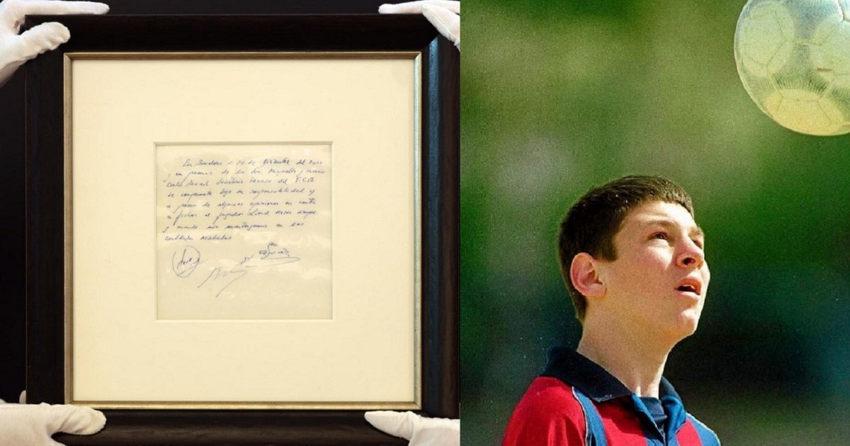 The auction of the napkin in which Lionel Messi signed his first contract with Barcelona began