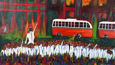 Daniel Fuentes expone sus pinturas en el SCUM de Bariloche. Foto: Chino Leiva