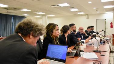El equipo a cargo de la acusación en la causa Planes Sociales, en una audiencia en marzo pasado. (Archivo/Matías Subat)