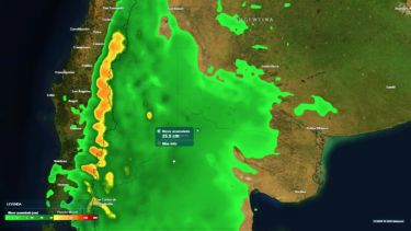 Estimación de la acumulación de nieve para el domingo en el norte patagónico. Foto: Gentileza Mateored. 