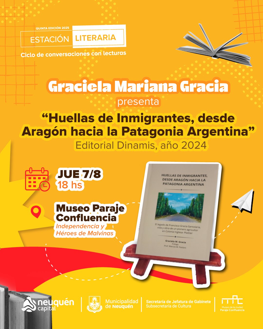 Estación Literaria: presentación del Libro «Huellas de inmigrantes, desde Aragón hacia la Patagonia Argentina» de Graciela Mariana Gracia