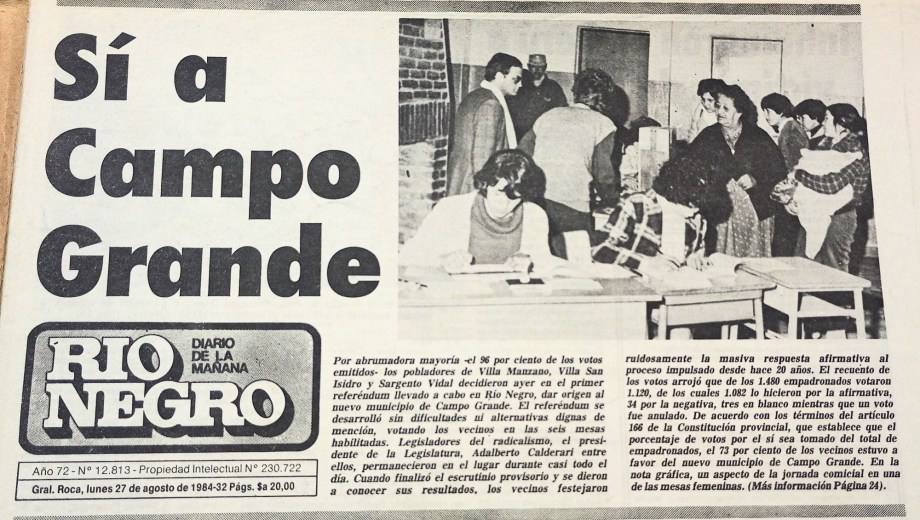 La tapa de Diario RIO NEGRO tras la votación del referéndum y los festejos en caravana. Foto: Archivo Diario Río Negro. 
