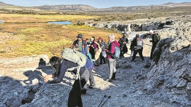 Al pie del volcán Tromen se puede tocar la formación geológica Vaca Muerta