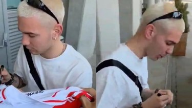 Mastantuono firmó camisetas de River en España antes de sumarse al Real Madrid