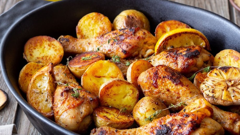 Pollo al horno con batatas.