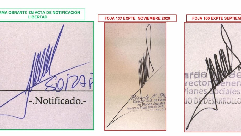 A la izquierda la firma de Soiza sobre la que no hay dudas. Las otras dos fueron objeto de la pericia. (Captura)