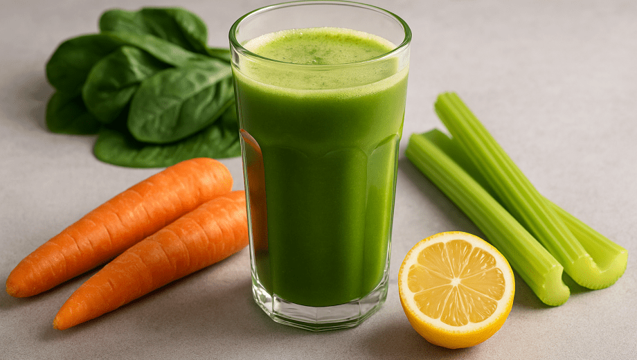 Gracias a su combinación de vegetales con propiedades alcalinas y calmantes, este jugo puede ser una opción nutritiva para incluir en la dieta de quienes sufren gastritis. Foto generada con IA.-