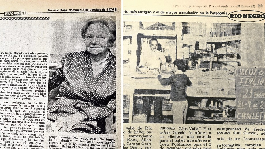 Ángel Eroza Cucchi y sus “titulares”, en la esquina de Roca y Villegas. Mientras, María Litschitz decía: “ayudé a nacer a tantos bebés como soldados tiene un ejército”. Foto: Archivo Diario RN.