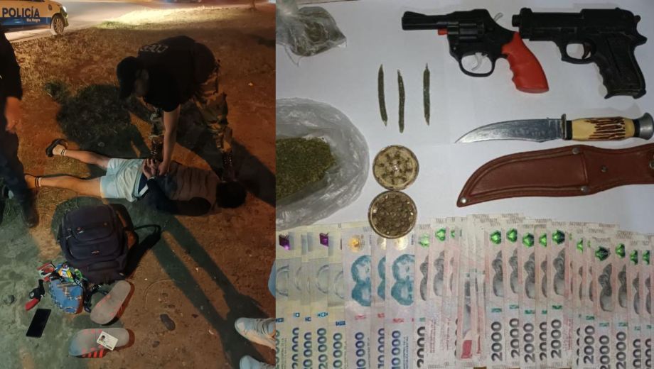 Dos jóvenes fueron demorados en Fernández Oro tras exhibir una réplica de arma. Les secuestraron marihuana, un cuchillo, dinero y dos armas falsas.
