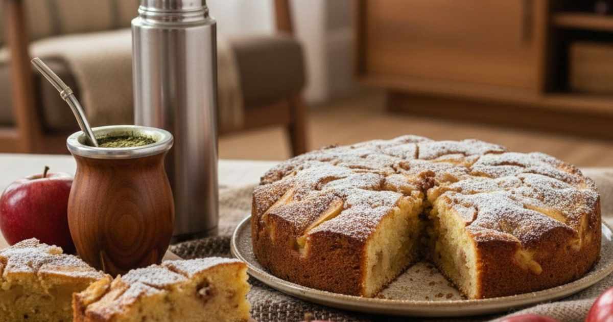 Torta de manzana casera servida en mesa con mate y termo.