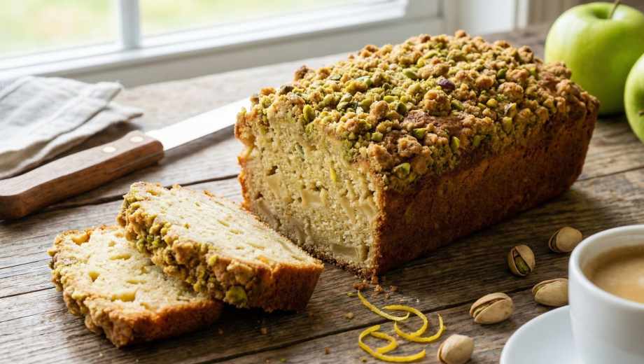 Budín húmedo de manzana y limón con crumble de pistachos.-