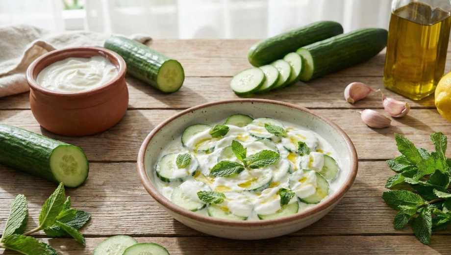 Ensalada de pepino, yogur y menta.-