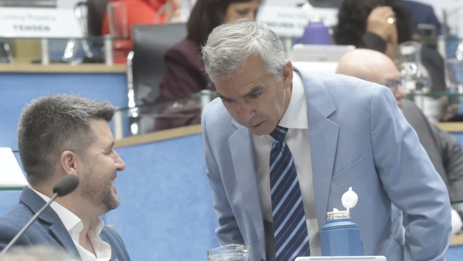 Sesión y momento distendido entre el oficialismo y la oposición, entre el peronista José Luis Berros y Facundo López. Foto: Pablo Leguizamon.