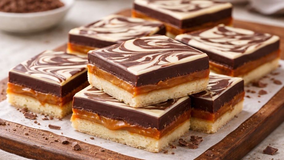 Receta paso a paso de cuadrados de dulce de leche y chocolate. Imagen generada con IA.