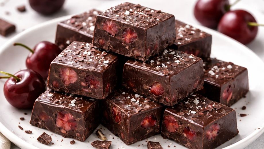 Chocolatín con cerezas, listo para disfrutar: dulce, fresco y saludable. Imagen generada con IA.
