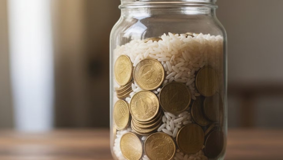 Frasco con arroz y monedas para atraer abundancia según el Feng Shuí.