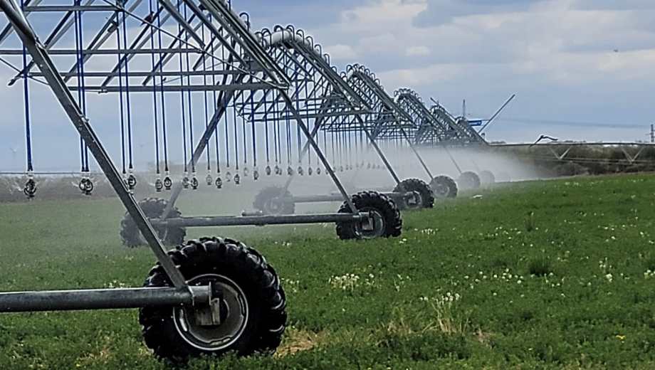 Riego por pivote central en la Patagonia, una tecnología que contribuye al desarrollo agrícola.
