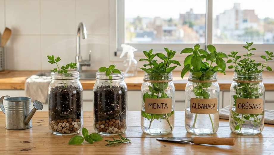 Huerta en casa, con frascos de vidrio.- 