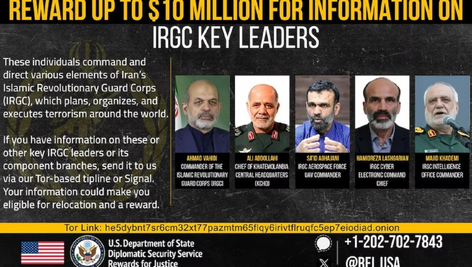 EE.UU. ofrece hasta USD 10 millones por información sobre líderes militares iraníes acusados de terrorismo.