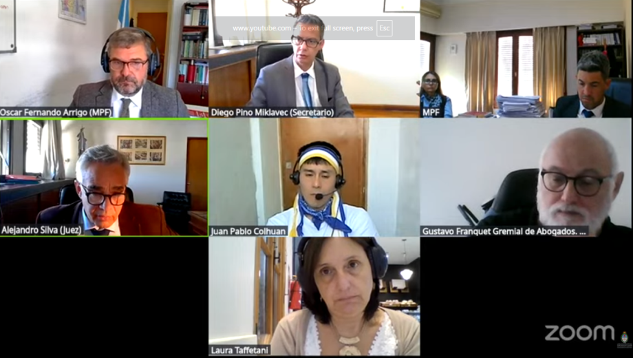 Los alegatos del juicio contra Juan Pablo Colhuan, que está cusado de usurpación agravada,,se desarrollaron este miércoles por zoom. (captura de video) 