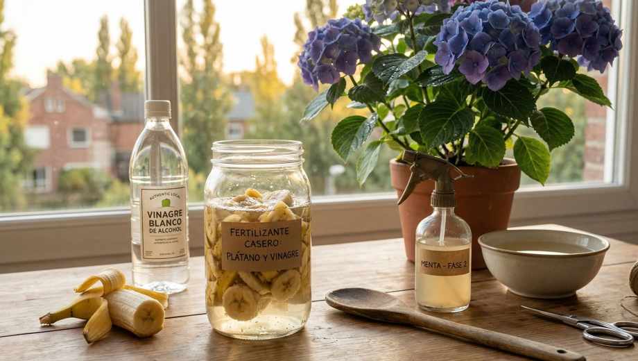 Fertilizante con cáscaras de banana y vinagre blanco.-