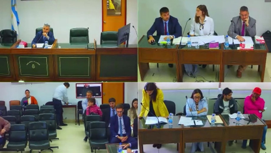 La defensora Delgado, abajo a la derecha, en el momento en que se retira de la sala. Arriba a la izquierda el juez Greca. (Captura de video)