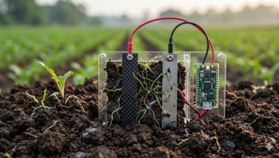 El dispositivo transforma la actividad biológica del suelo en una fuente continua de energía para pequeños sensores electrónicos. Foto gentileza.