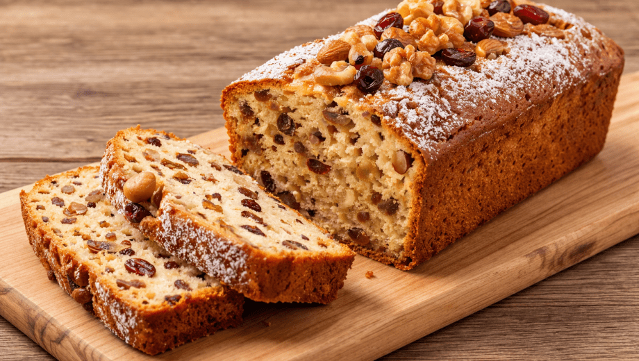 Budín de frutos secos sin TACC. Imagen generada con IA.