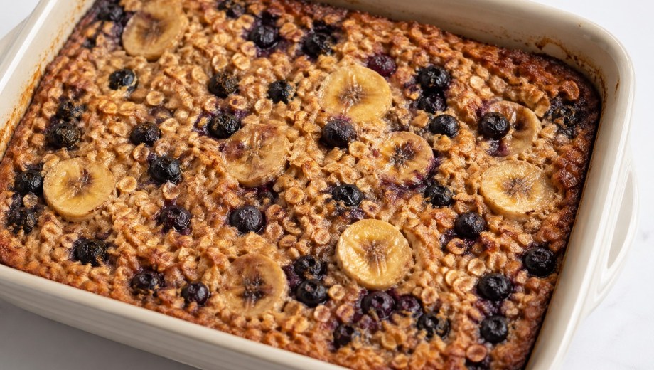 Avena horneada con banana y arándanos. Imagen ilustrativa.