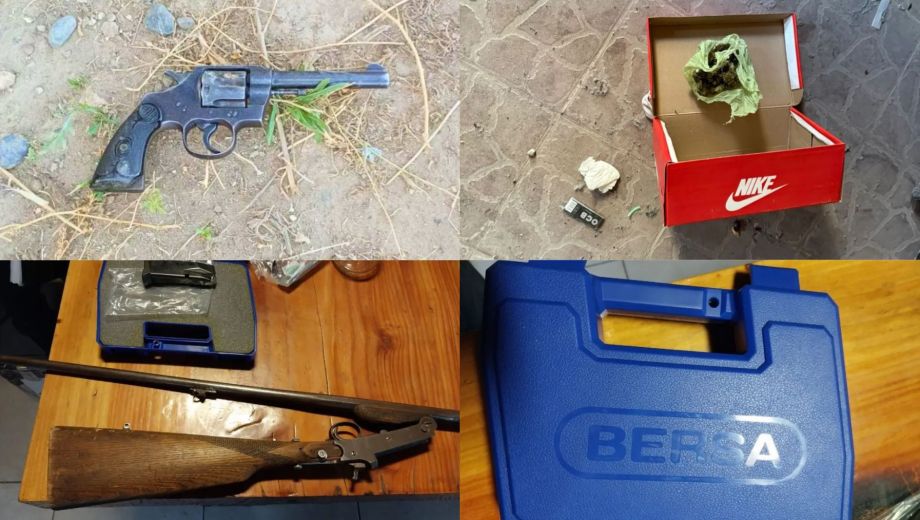 Durante los allanamientos en Centenario, la policía secuestró armas de fuego, municiones y plantas de cannabis.
