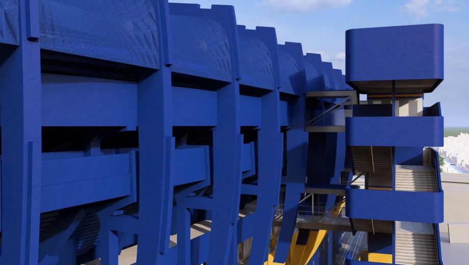 Una de las imágenes compartidas por Boca, que ilustra cómo sería una de las cuatro torres que rodearían el estadio. (@BocaJrsOficial)