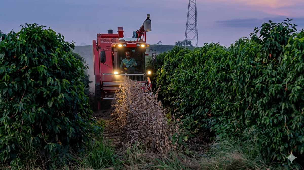 Cosecha de soja entre filas de café en Brasil.
