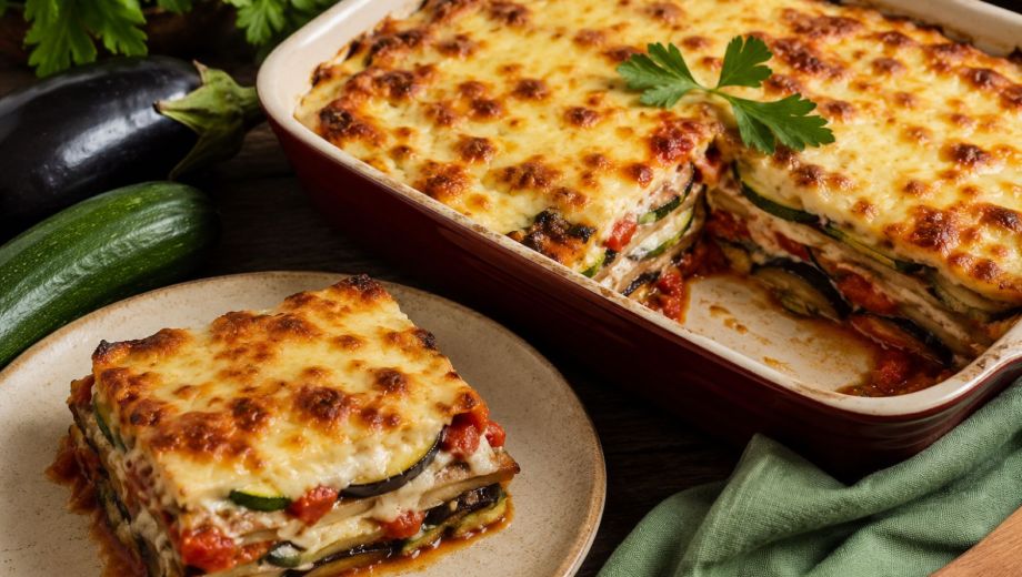 Pastel de calabacín y berenjena gratinado. Imagen ilustrativa.