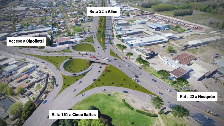 Unos de los renders  de la ampliación de la Ruta 22 donde se ve el nodo vial en la intersección con la 151.