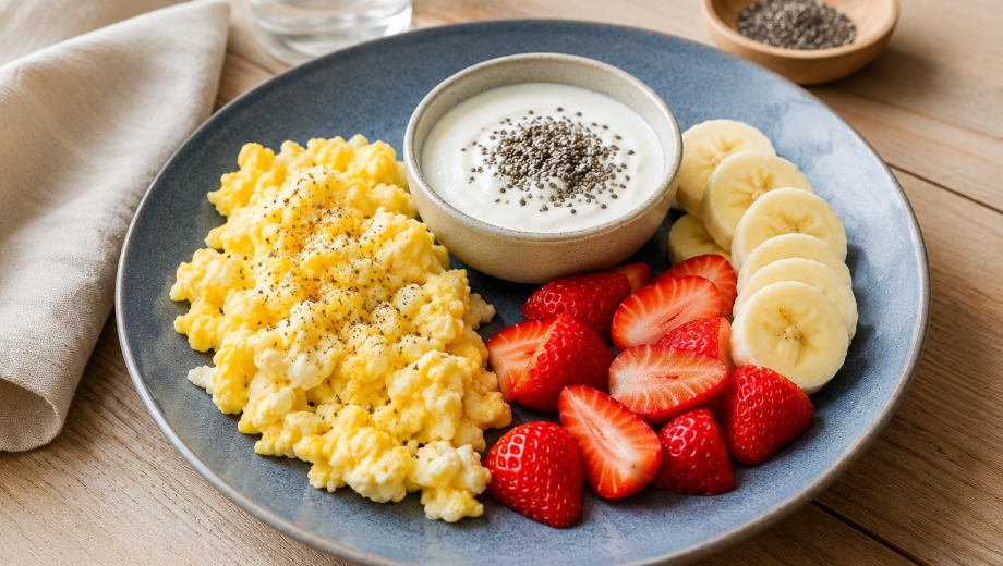 Una opción práctica consiste en servir el yogur en un recipiente, agregar la fruta cortada y las semillas, y acompañar con los huevos aparte. Imagen generada con IA.-