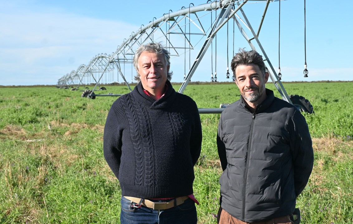 Guillermo Pailhé y Luis Defferrari, junto a un pivote de riego y un lote de vicia, en Río Negro, Patagonia.