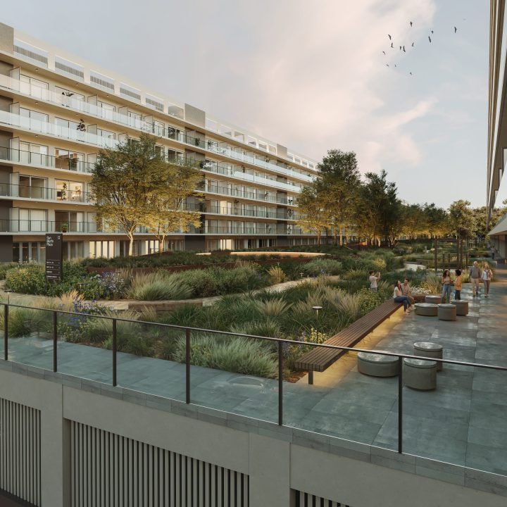 El parque común ubicado entre los módulos es uno de los elementos de la propuesta de valor de San Martín Plaza.