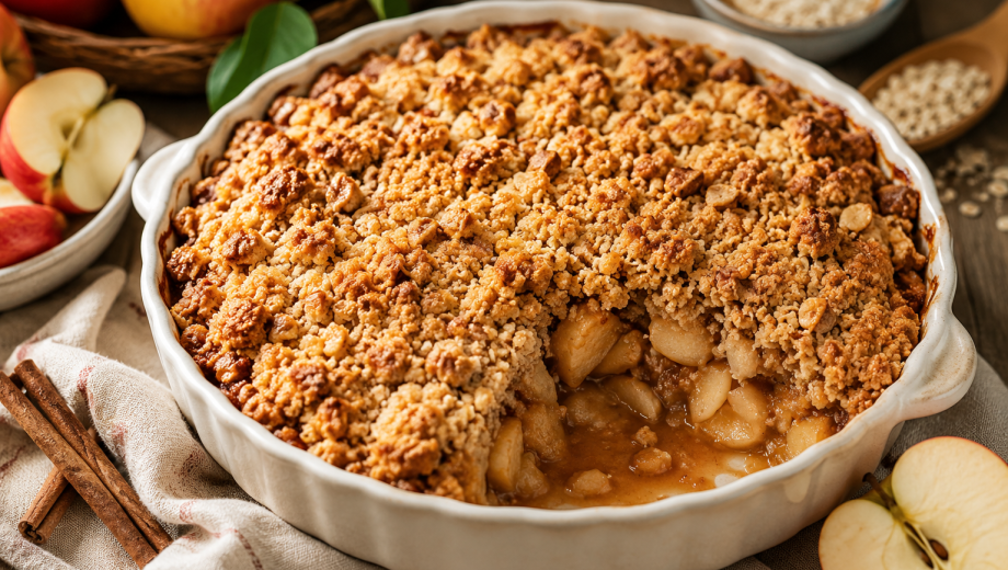 Receta fácil de crumble de manzana sin gluten con canela. Foto ilustrativa.