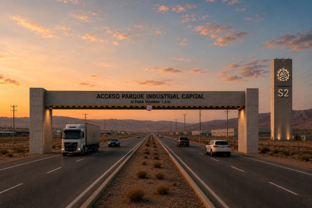 Acceso principal del Parque Industrial Capital de Neuquén. Render cedido por la Municipalidad de Neuquén.