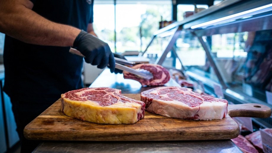 Dos cortes de carne: uno con grasa amarilla y otro con grasa blanca. Foto: gentileza.