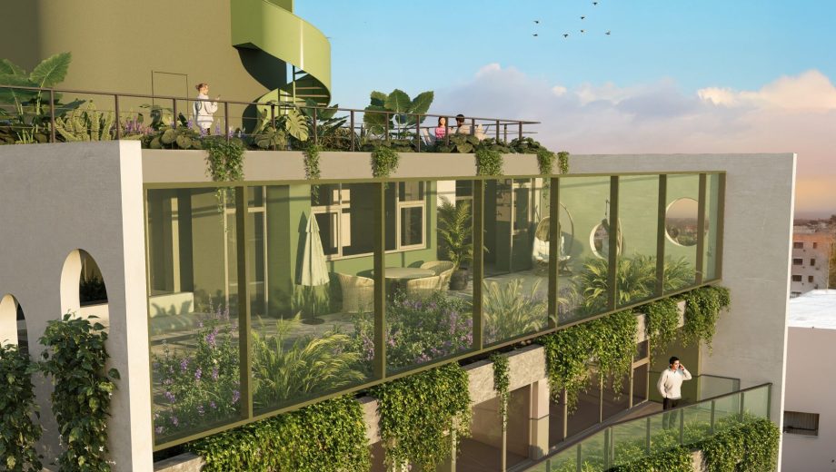 Torre Botánica, el edificio que trae la biofilia a la principal plaza inmobiliaria de la Patagonia. Render: Eleganza Desarrollos.