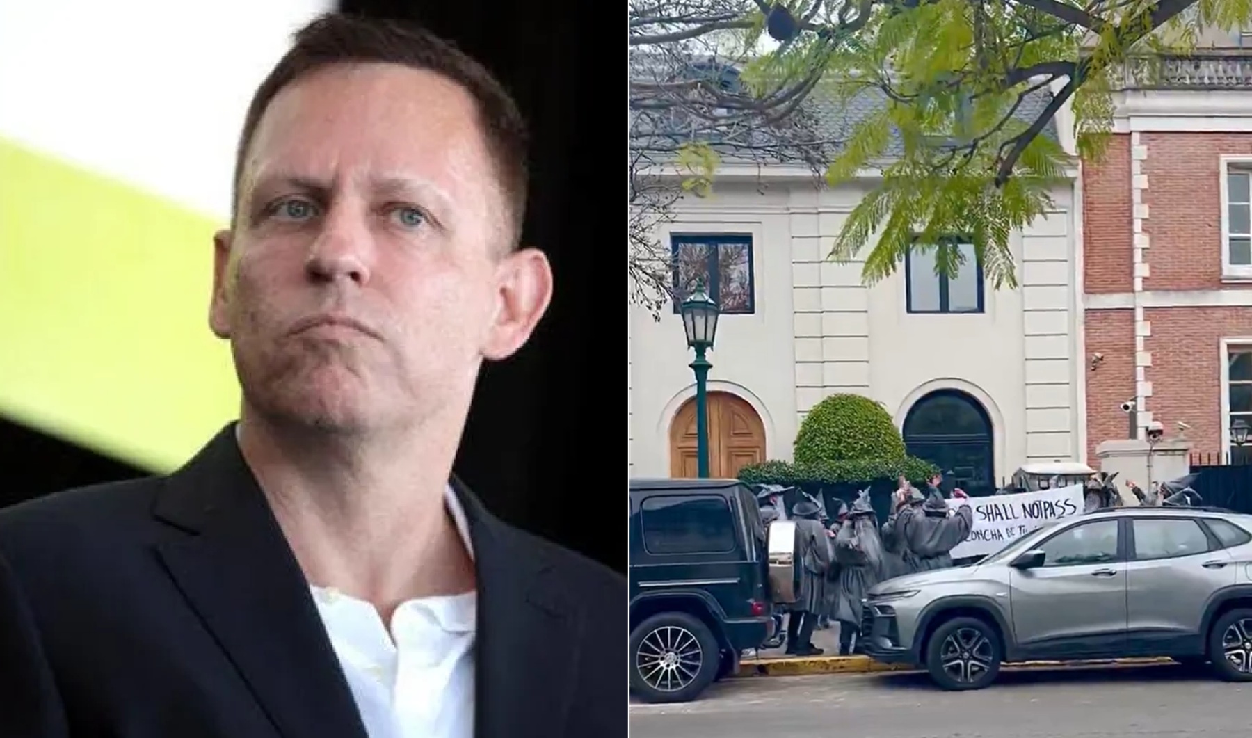 Manifestantes se movilizan disfrazados de Gandalf frente a la casa de Peter Thiel