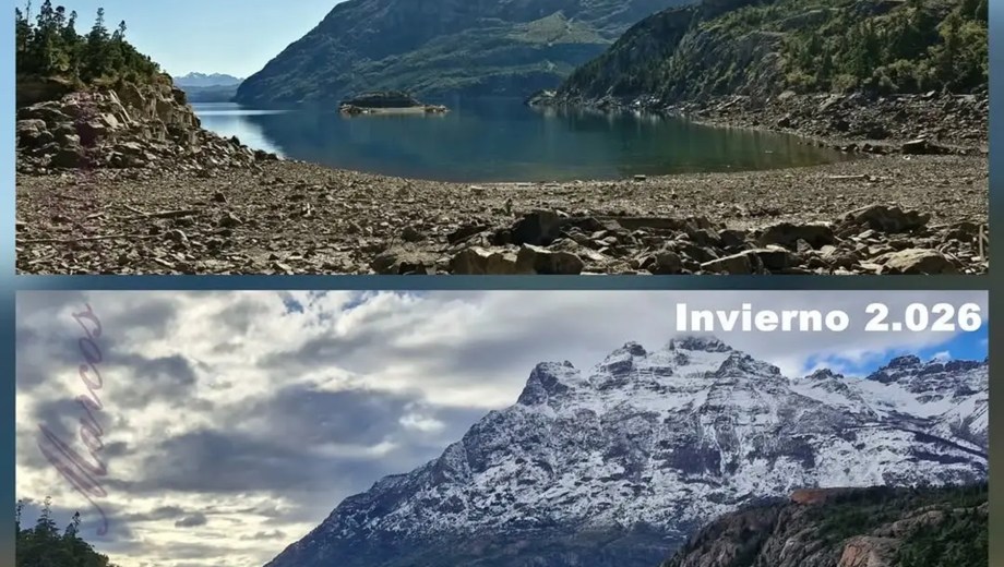 Impresionante bajante de un lago en Chubut. Foto: @alertarojaambiental
