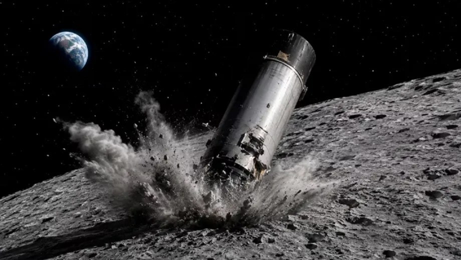Una sección de un cohete Falcon 9 de SpaceX impactará contra la superficie de la Luna. Imagen ilustrativa generada con IA.
