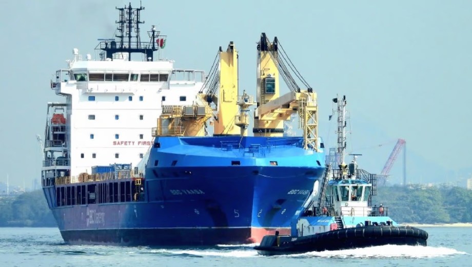 El BBC Vaasa descargó en San Antonio Este nuevas chapas de acero destinadas a la construcción de los tanques del VMOS en Punta Colorada. Foto gentileza Marine Traffic.