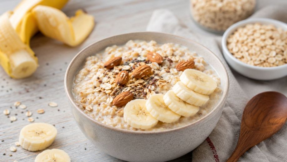 Avena cremosa con plátano y almendras. Foto ilustrativa.