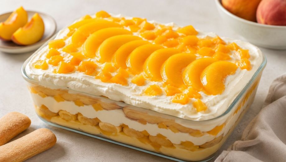 Postre de vainillas, crema y duraznos. Foto ilustrativa.