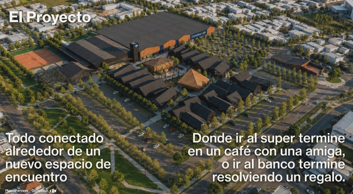 Render del masterplan: la "Aldea Comercial Cipoleña" incluirá un supermercado Carrefour.